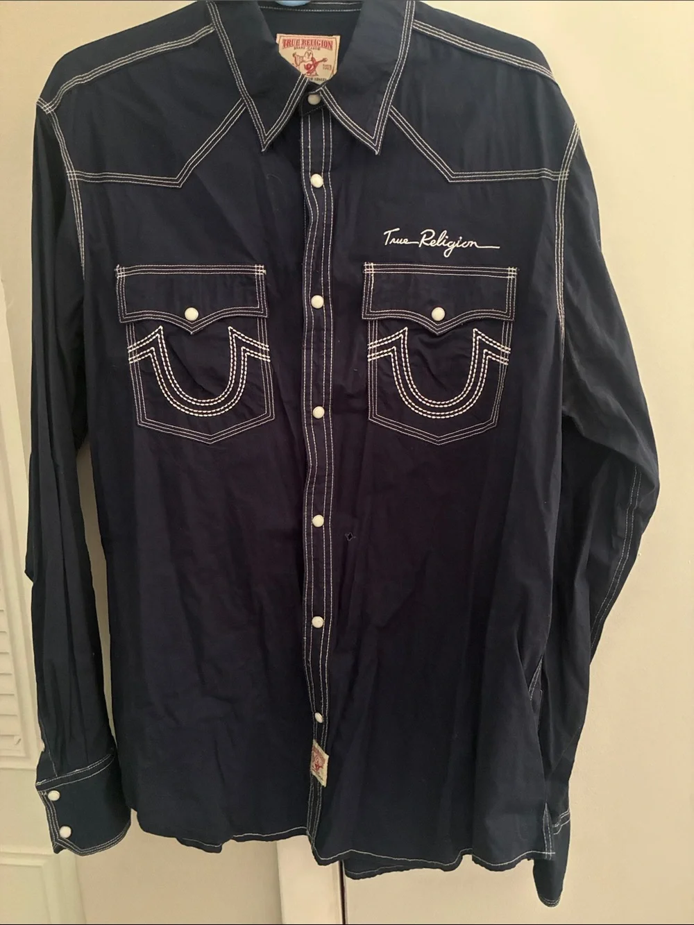 True Religion Navy Western Snap-Front Shirt with White Stitching